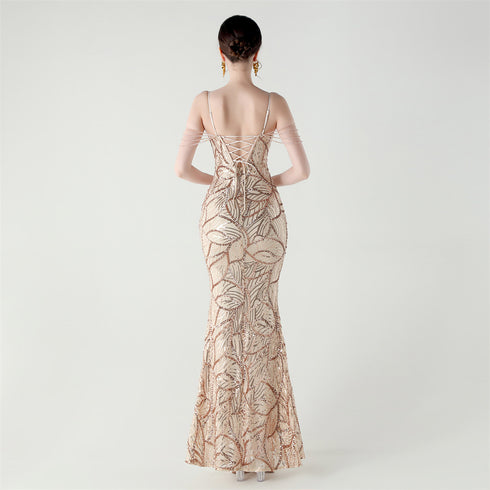 Graceful Sequin Embellished Mesh Mermaid Maxi Dress